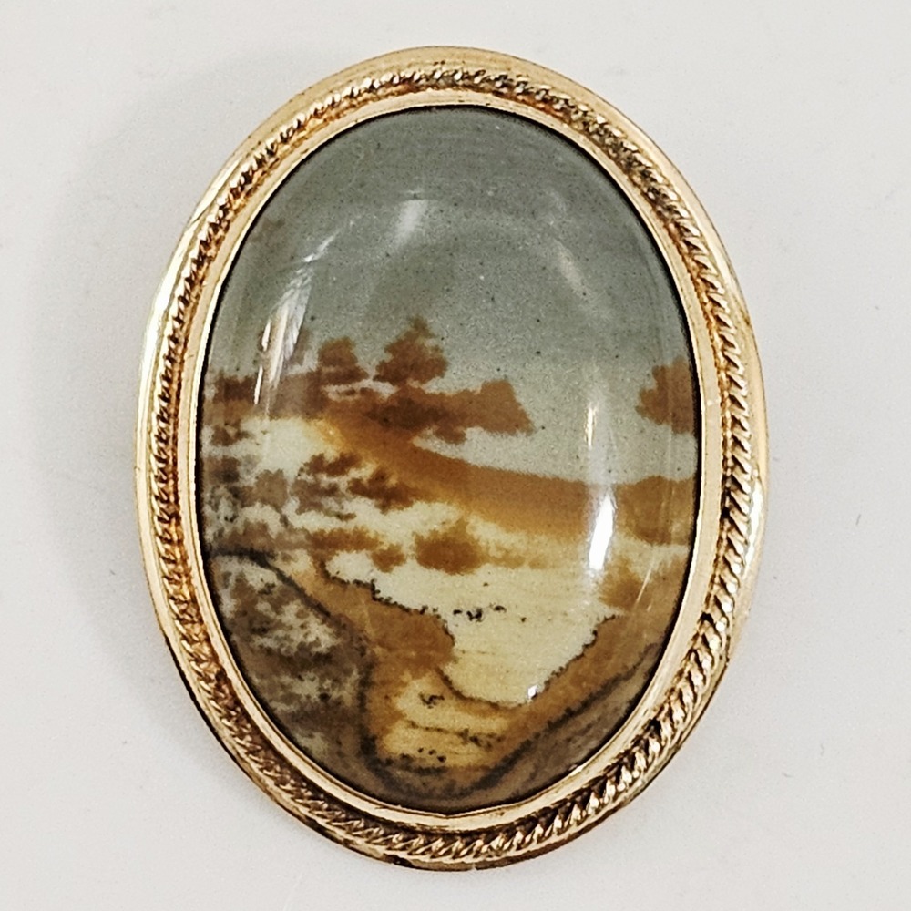 Vintage Owyhee Picture Jasper Gold Filled Brooch Pendant A&Z